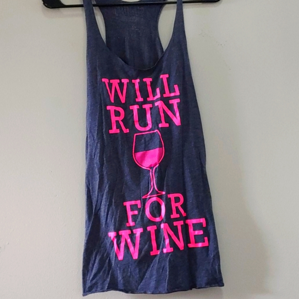 Will Run for Wine blue tank top